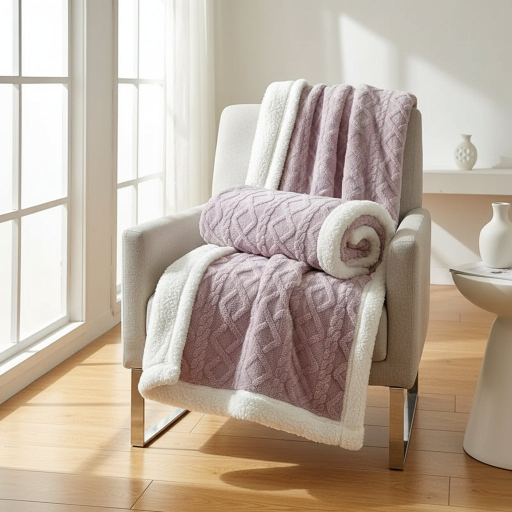 Sherpa Plaid – Soft Beige, Removable Throw Blanket for Sofa or Bed Decoration