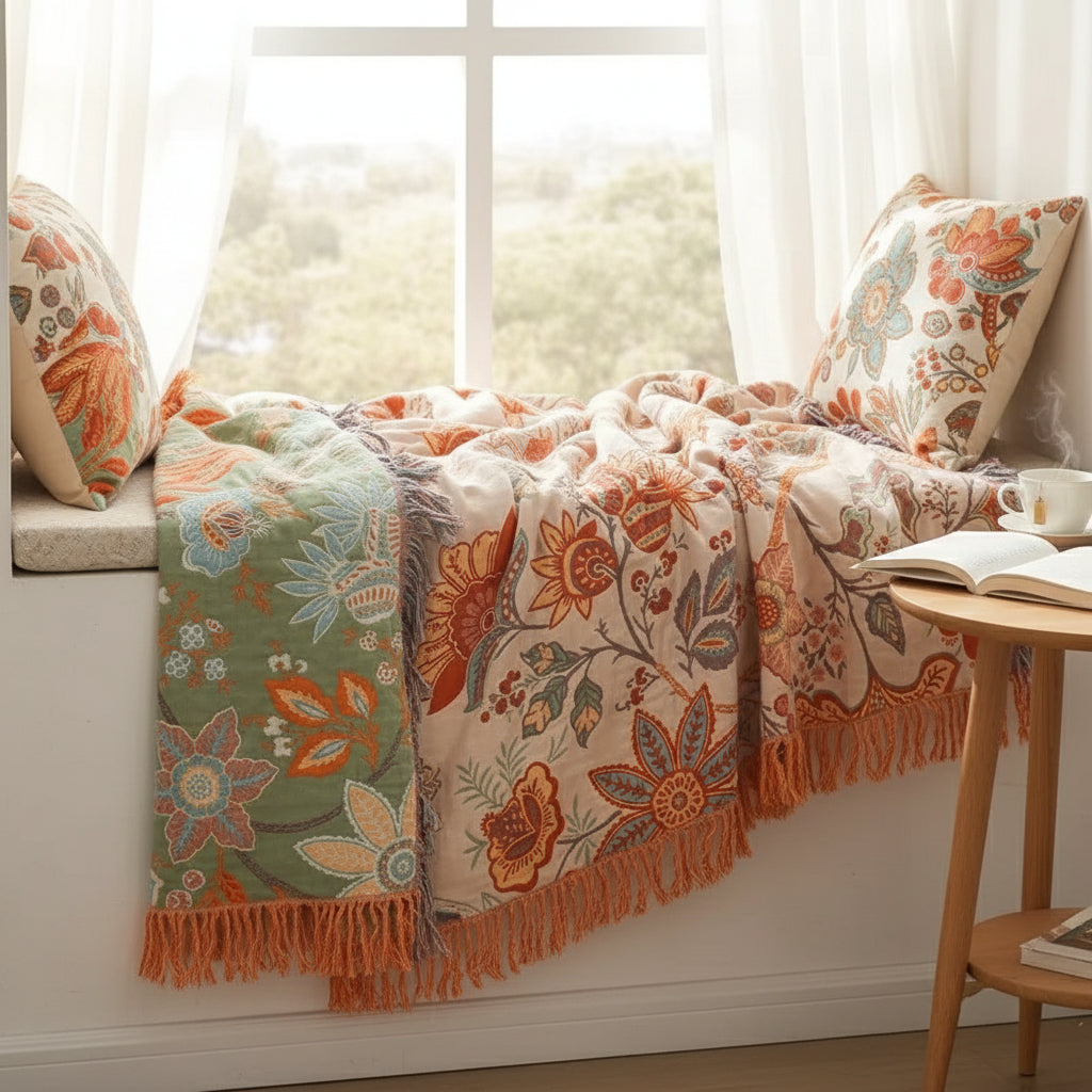 Bohemian Cotton Throw – Cream with Orange and Blue Floral Print for Living Room or Bedroom