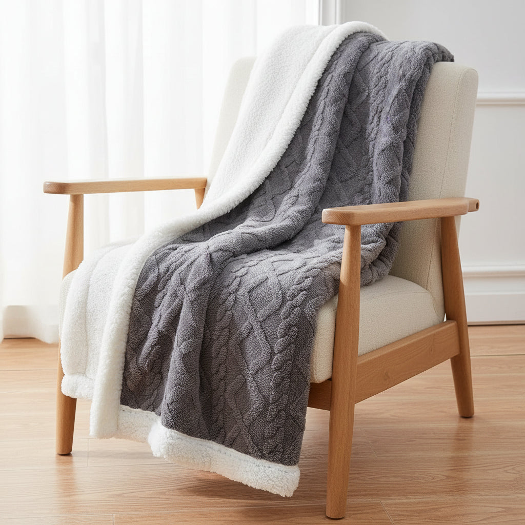 Sherpa Plaid – Soft Beige, Removable Throw Blanket for Sofa or Bed Decoration