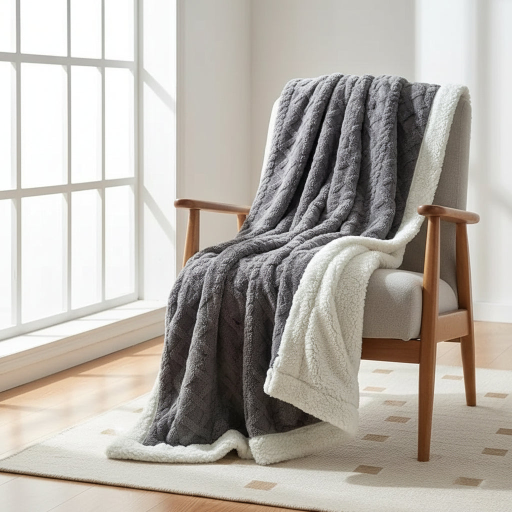 Sherpa Plaid – Soft Beige, Removable Throw Blanket for Sofa or Bed Decoration