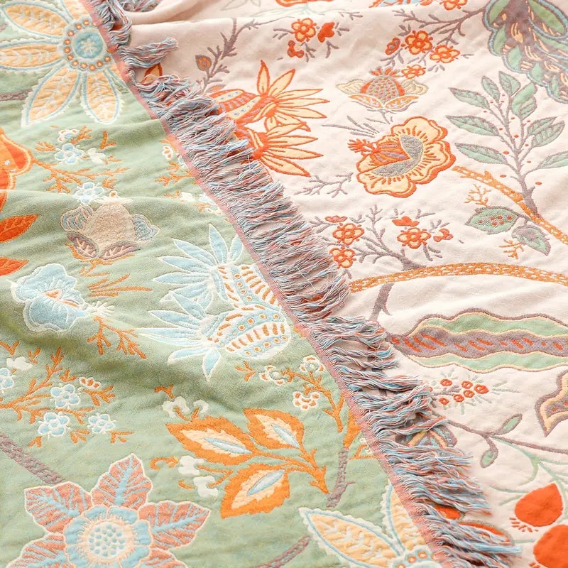 Bohemian Cotton Throw – Cream with Orange and Blue Floral Print for Living Room or Bedroom