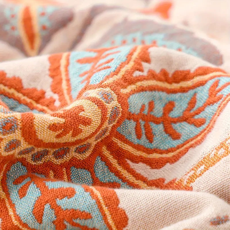 Bohemian Cotton Throw – Cream with Orange and Blue Floral Print for Living Room or Bedroom