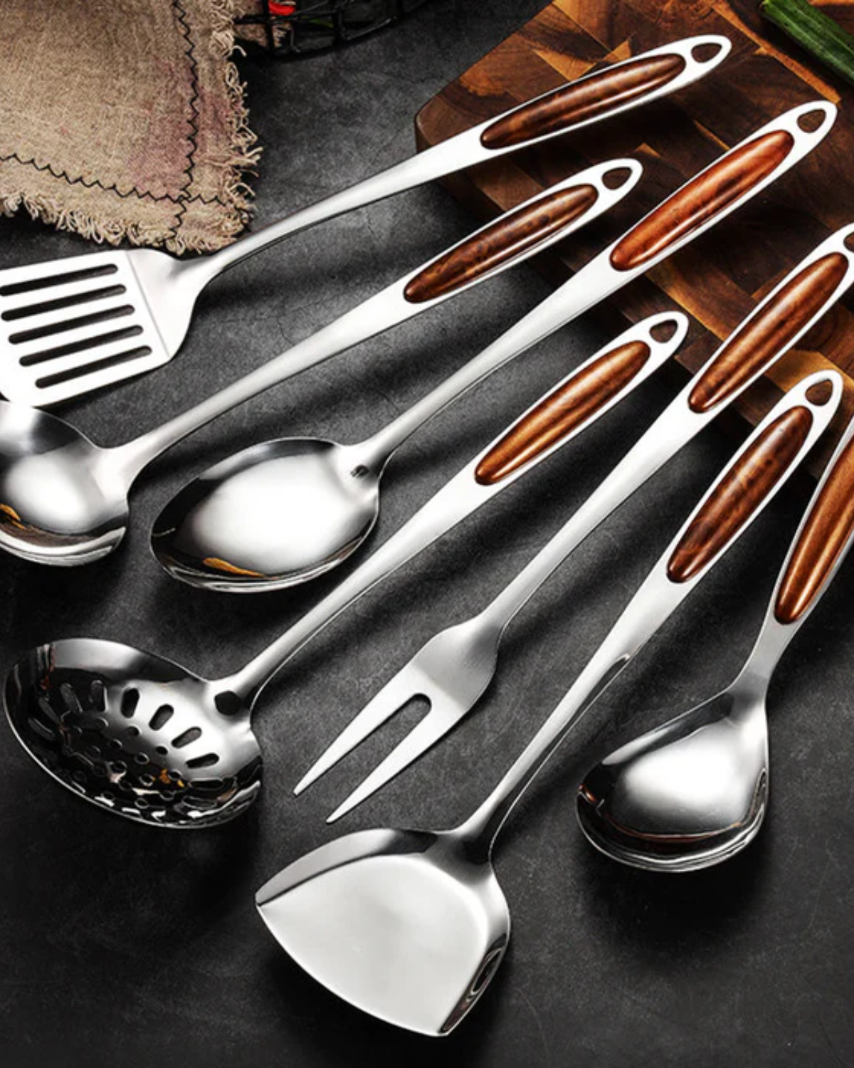 Kitchen Utensil Set – Stainless Steel with Wooden Handles, Elegant Kitchen Accessories for Cooking and Serving