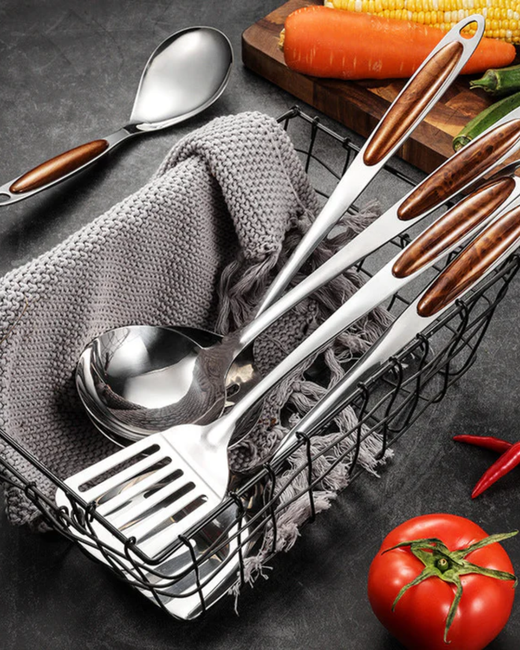 Kitchen Utensil Set – Stainless Steel with Wooden Handles, Elegant Kitchen Accessories for Cooking and Serving