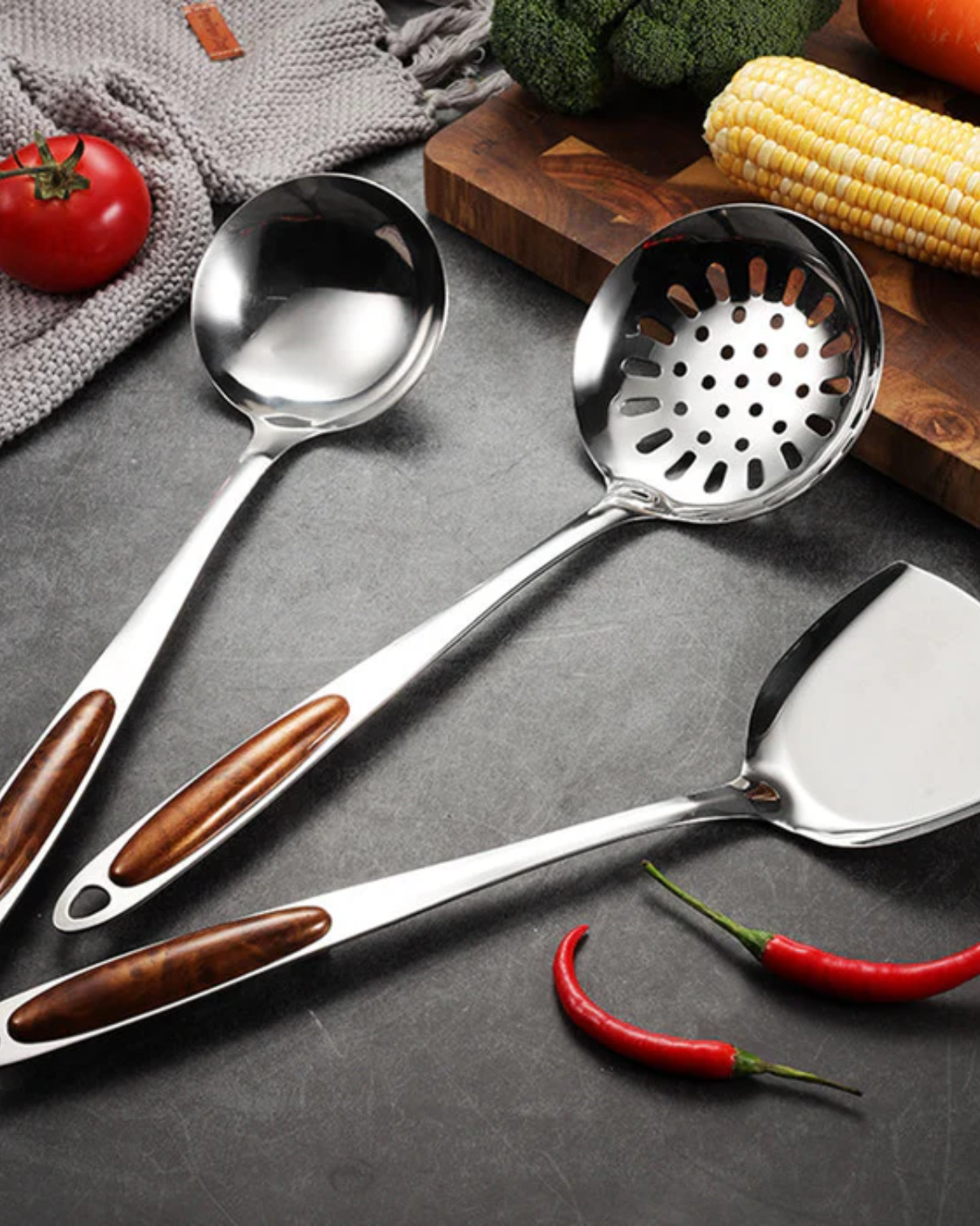 Kitchen Utensil Set – Stainless Steel with Wooden Handles, Elegant Kitchen Accessories for Cooking and Serving