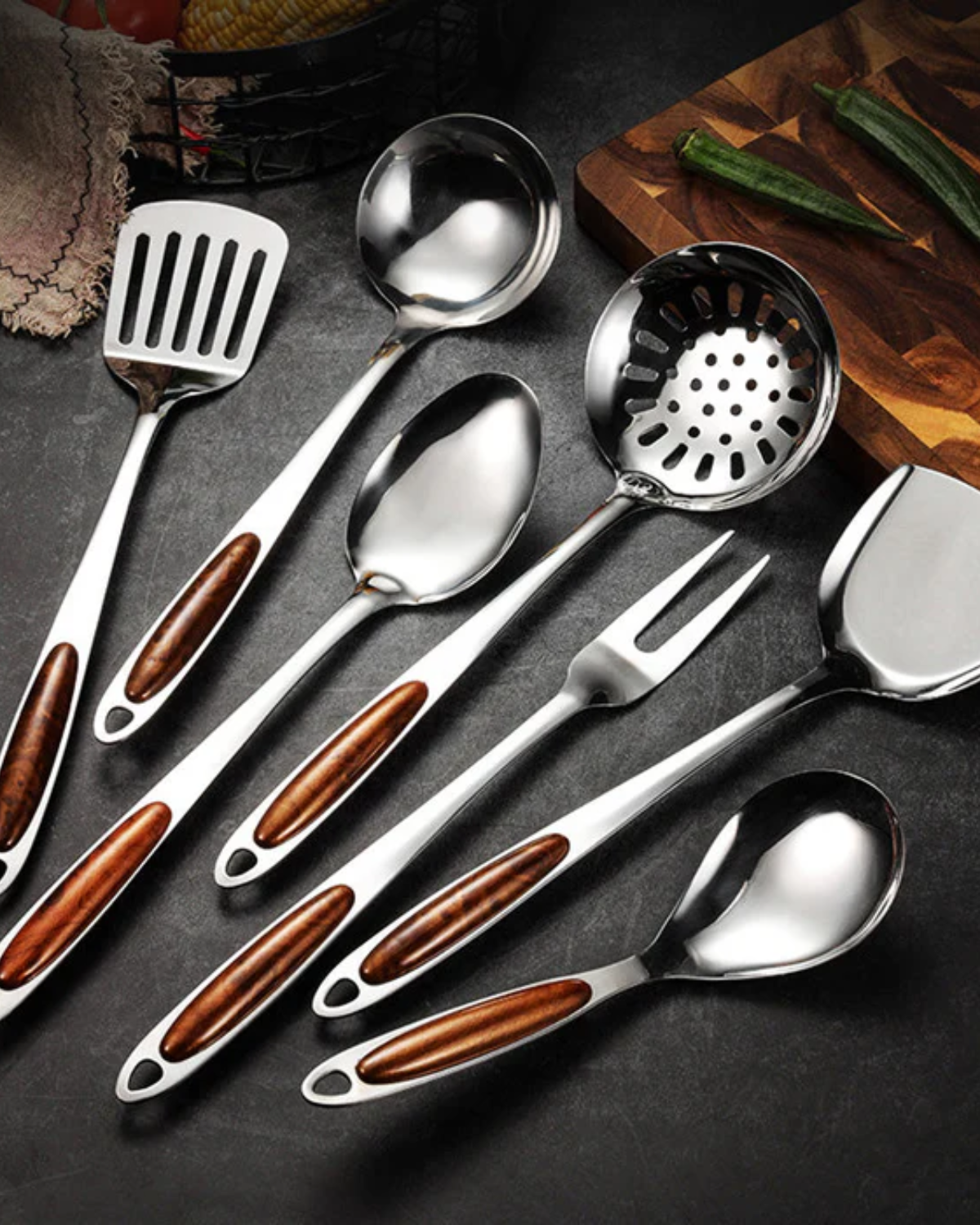 Kitchen Utensil Set – Stainless Steel with Wooden Handles, Elegant Kitchen Accessories for Cooking and Serving